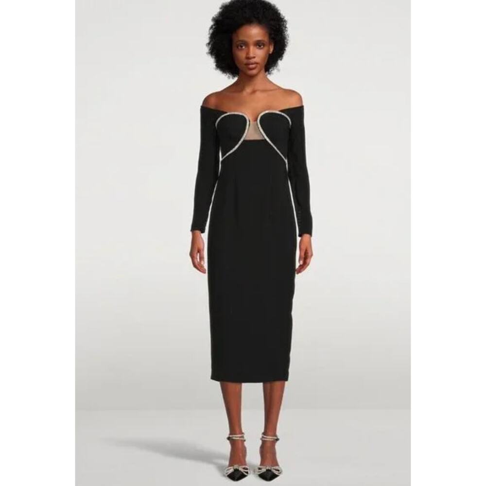 Self-Portrait Crystal Off Shoulder Heavy Midi Dress Black‎ Sparkle Size 4 NEW